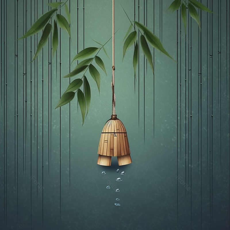 夏季古风绿色竹子铃铛圆形插画中国文化背景,插画/手绘图,插画/手绘图库,插画/手绘图下载,插画/手绘